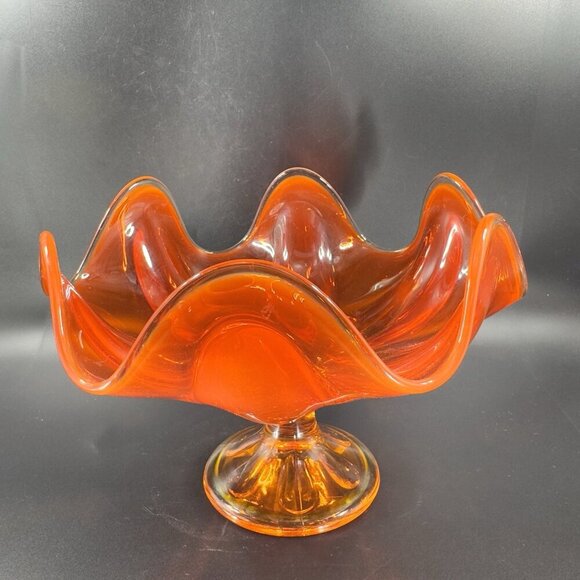 MCM Viking Glass Epic Line Footed Compote Dish Bowl Six Pedal Persimmon Glass - Picture 16 of 16